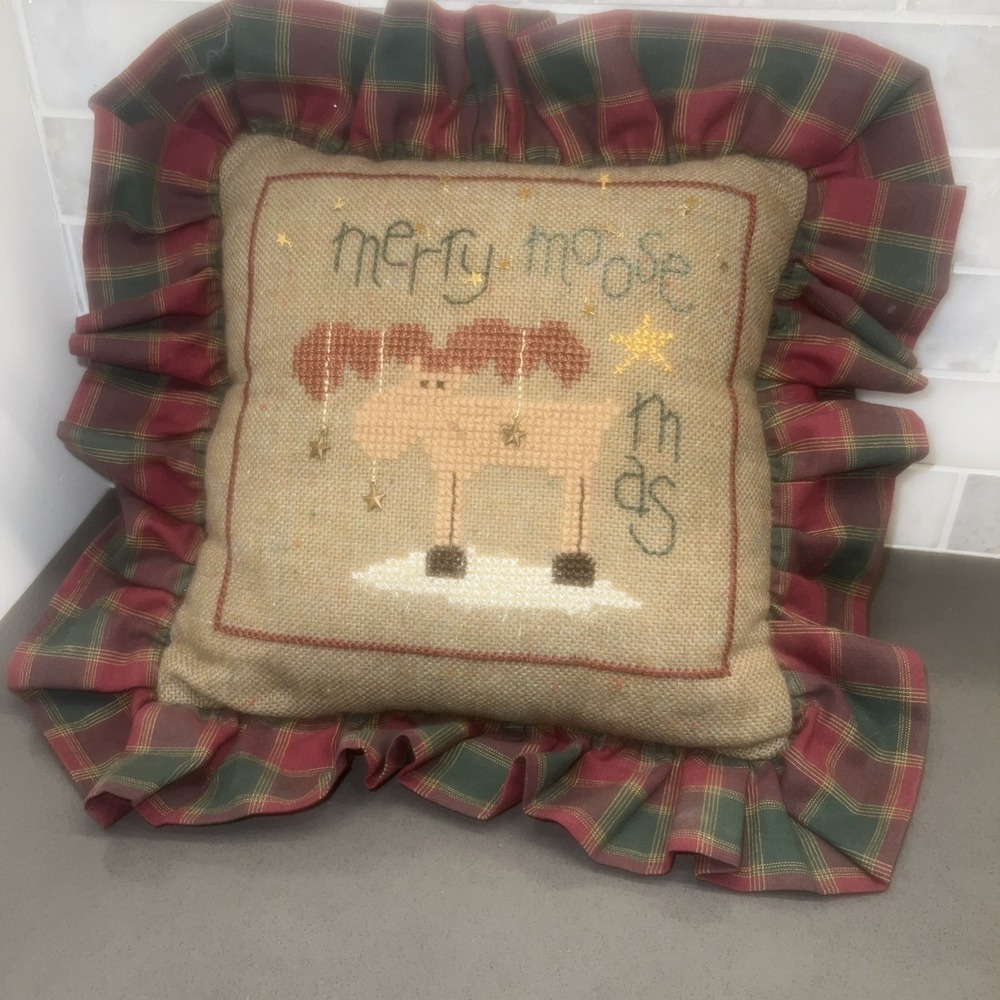 Adam Original Handmade MerryMoose-mas Cross Stitched Pillow Cottage Core Rustic